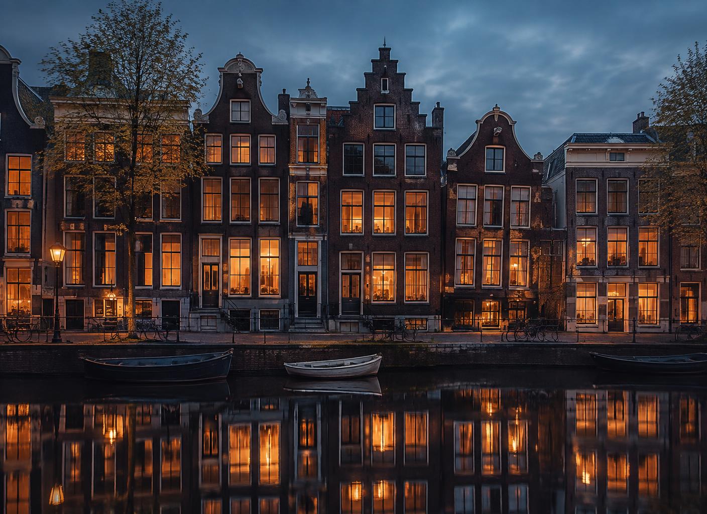 Amsterdam canal houses at dusk